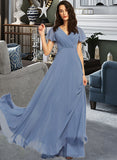 Lacey A-Line V-neck Floor-Length Bridesmaid Dress With Lace STIP0013278