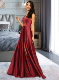 Luciana A-Line V-neck Floor-Length Satin Bridesmaid Dress With Pockets STIP0013279