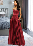 Luciana A-Line V-neck Floor-Length Satin Bridesmaid Dress With Pockets STIP0013279