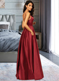 Luciana A-Line V-neck Floor-Length Satin Bridesmaid Dress With Pockets STIP0013279