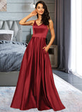 Luciana A-Line V-neck Floor-Length Satin Bridesmaid Dress With Pockets STIP0013279