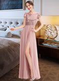 Sage A-Line Scoop Neck Floor-Length Bridesmaid Dress With Sequins Split Front STIP0013286