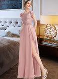 Sage A-Line Scoop Neck Floor-Length Bridesmaid Dress With Sequins Split Front STIP0013286