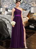 Cara A-Line/Princess One-Shoulder Floor-Length Chiffon Charmeuse Bridesmaid Dress With Ruffle Split Front STIP0013288