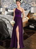 Cara A-Line/Princess One-Shoulder Floor-Length Chiffon Charmeuse Bridesmaid Dress With Ruffle Split Front STIP0013288