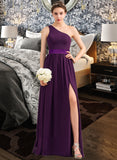 Cara A-Line/Princess One-Shoulder Floor-Length Chiffon Charmeuse Bridesmaid Dress With Ruffle Split Front STIP0013288