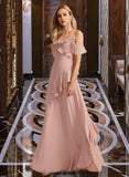 Leah A-Line V-neck Floor-Length Bridesmaid Dress With Ruffle STIP0013289