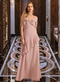 Leah A-Line V-neck Floor-Length Bridesmaid Dress With Ruffle STIP0013289