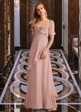 Leah A-Line V-neck Floor-Length Bridesmaid Dress With Ruffle STIP0013289