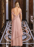 Leah A-Line V-neck Floor-Length Bridesmaid Dress With Ruffle STIP0013289