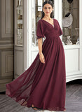 Lizbeth A-Line V-neck Floor-Length Bridesmaid Dress With Ruffle STIP0013292