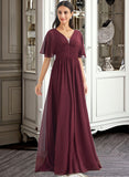 Lizbeth A-Line V-neck Floor-Length Bridesmaid Dress With Ruffle STIP0013292