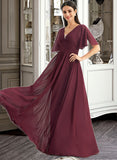 Lizbeth A-Line V-neck Floor-Length Bridesmaid Dress With Ruffle STIP0013292