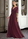 Lizbeth A-Line V-neck Floor-Length Bridesmaid Dress With Ruffle STIP0013292