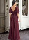 Lizbeth A-Line V-neck Floor-Length Bridesmaid Dress With Ruffle STIP0013292