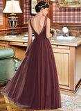 Courtney A-Line/Princess V-neck Floor-Length Tulle Lace Bridesmaid Dress STIP0013295