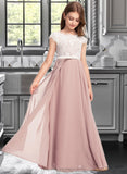 Chloe A-Line Scoop Neck Floor-Length Chiffon Lace Junior Bridesmaid Dress With Bow(s) STIP0013305