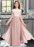 Chloe A-Line Scoop Neck Floor-Length Chiffon Lace Junior Bridesmaid Dress With Bow(s) STIP0013305