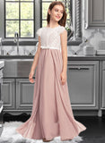 Chloe A-Line Scoop Neck Floor-Length Chiffon Lace Junior Bridesmaid Dress With Bow(s) STIP0013305