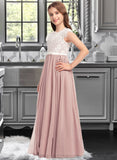 Chloe A-Line Scoop Neck Floor-Length Chiffon Lace Junior Bridesmaid Dress With Bow(s) STIP0013305