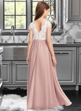 Chloe A-Line Scoop Neck Floor-Length Chiffon Lace Junior Bridesmaid Dress With Bow(s) STIP0013305