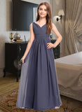 Miracle A-Line V-neck Floor-Length Chiffon Junior Bridesmaid Dress With Ruffle STIP0013307