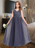 Miracle A-Line V-neck Floor-Length Chiffon Junior Bridesmaid Dress With Ruffle STIP0013307