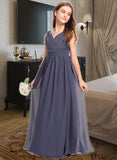 Miracle A-Line V-neck Floor-Length Chiffon Junior Bridesmaid Dress With Ruffle STIP0013307