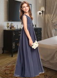 Miracle A-Line V-neck Floor-Length Chiffon Junior Bridesmaid Dress With Ruffle STIP0013307