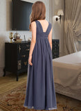 Miracle A-Line V-neck Floor-Length Chiffon Junior Bridesmaid Dress With Ruffle STIP0013307