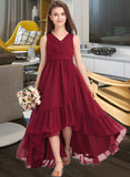 Eliana A-Line V-neck Asymmetrical Chiffon Junior Bridesmaid Dress With Bow(s) Cascading Ruffles STIP0013310