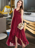 Eliana A-Line V-neck Asymmetrical Chiffon Junior Bridesmaid Dress With Bow(s) Cascading Ruffles STIP0013310