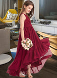 Eliana A-Line V-neck Asymmetrical Chiffon Junior Bridesmaid Dress With Bow(s) Cascading Ruffles STIP0013310