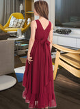 Eliana A-Line V-neck Asymmetrical Chiffon Junior Bridesmaid Dress With Bow(s) Cascading Ruffles STIP0013310