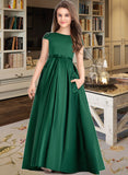 Tina Ball-Gown/Princess Scoop Neck Floor-Length Satin Lace Junior Bridesmaid Dress With Bow(s) Pockets STIP0013311