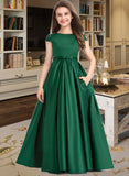 Tina Ball-Gown/Princess Scoop Neck Floor-Length Satin Lace Junior Bridesmaid Dress With Bow(s) Pockets STIP0013311