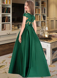 Tina Ball-Gown/Princess Scoop Neck Floor-Length Satin Lace Junior Bridesmaid Dress With Bow(s) Pockets STIP0013311