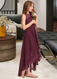 Denise A-Line Scoop Neck Asymmetrical Chiffon Lace Junior Bridesmaid Dress With Bow(s) STIP0013312