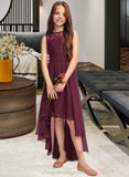 Denise A-Line Scoop Neck Asymmetrical Chiffon Lace Junior Bridesmaid Dress With Bow(s) STIP0013312