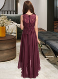 Denise A-Line Scoop Neck Asymmetrical Chiffon Lace Junior Bridesmaid Dress With Bow(s) STIP0013312