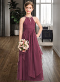 Lisa A-Line Scoop Neck Floor-Length Chiffon Junior Bridesmaid Dress With Ruffle Beading STIP0013313