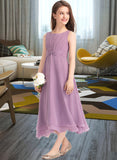 Sage A-Line Scoop Neck Tea-Length Chiffon Junior Bridesmaid Dress With Ruffle STIP0013317