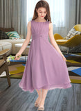 Sage A-Line Scoop Neck Tea-Length Chiffon Junior Bridesmaid Dress With Ruffle STIP0013317