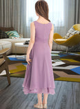 Sage A-Line Scoop Neck Tea-Length Chiffon Junior Bridesmaid Dress With Ruffle STIP0013317