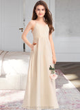 Miriam A-Line V-neck Floor-Length Satin Junior Bridesmaid Dress With Pockets STIP0013319