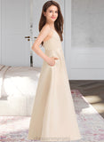 Miriam A-Line V-neck Floor-Length Satin Junior Bridesmaid Dress With Pockets STIP0013319