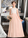 Maud A-Line Scoop Neck Floor-Length Chiffon Lace Junior Bridesmaid Dress STIP0013321