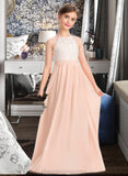 Maud A-Line Scoop Neck Floor-Length Chiffon Lace Junior Bridesmaid Dress STIP0013321