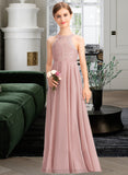 Elaina A-Line Scoop Neck Floor-Length Chiffon Lace Junior Bridesmaid Dress STIP0013324