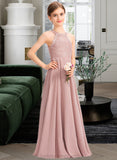 Elaina A-Line Scoop Neck Floor-Length Chiffon Lace Junior Bridesmaid Dress STIP0013324